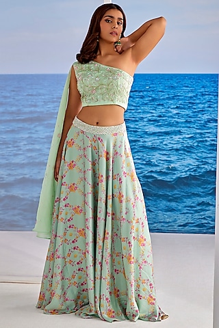 Mint Satin Georgette Digital Printed Lehenga Set by TARINI VIJ