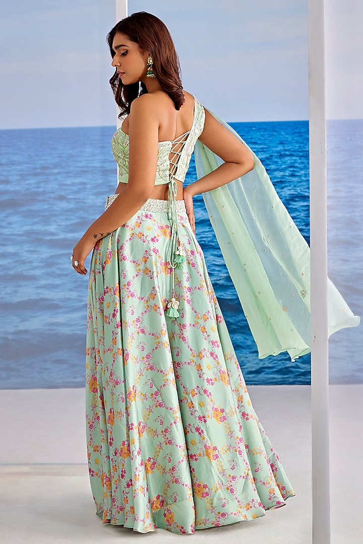 Mint Satin Georgette Digital Printed Wedding Lehenga Set by TARINI VIJ at Pernia's Pop Up Shop