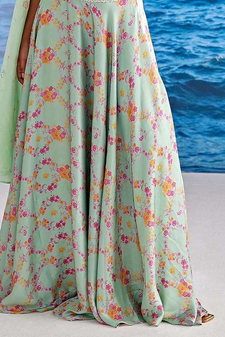 Mint Satin Georgette Digital Printed Wedding Lehenga Set by TARINI VIJ at Pernia's Pop Up Shop