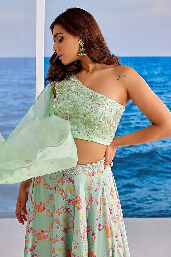 Mint Satin Georgette Digital Printed Wedding Lehenga Set by TARINI VIJ at Pernia's Pop Up Shop