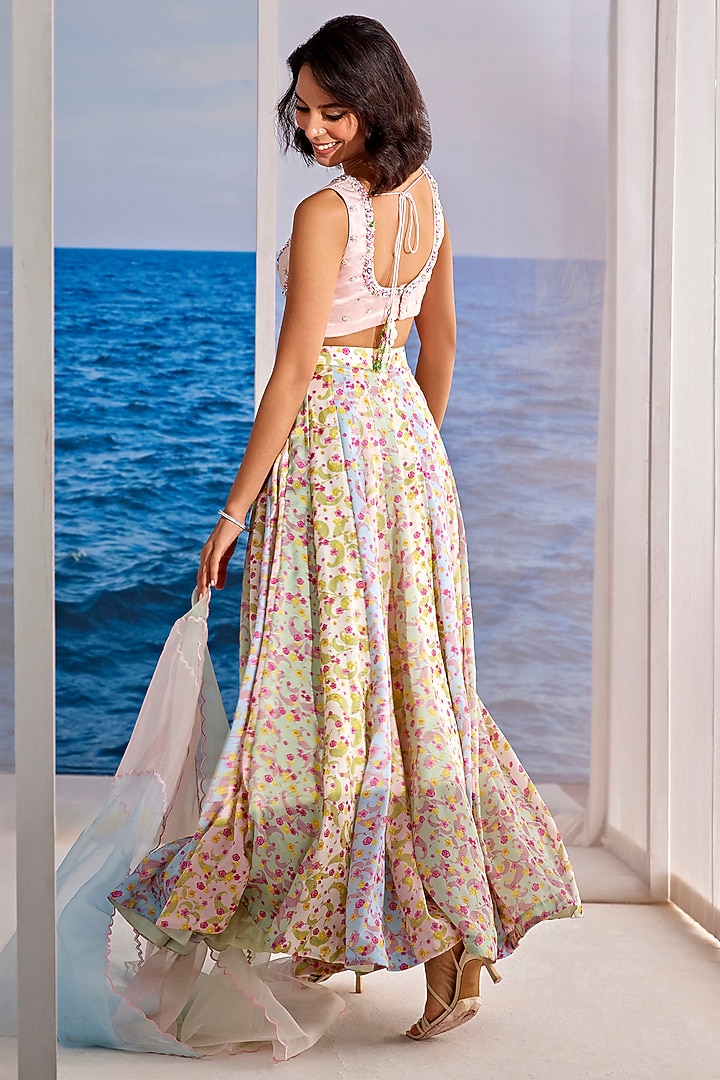 Multi-Colored Satin Georgette Digital Printed Wedding Lehenga Set by TARINI VIJ at Pernia's Pop Up Shop