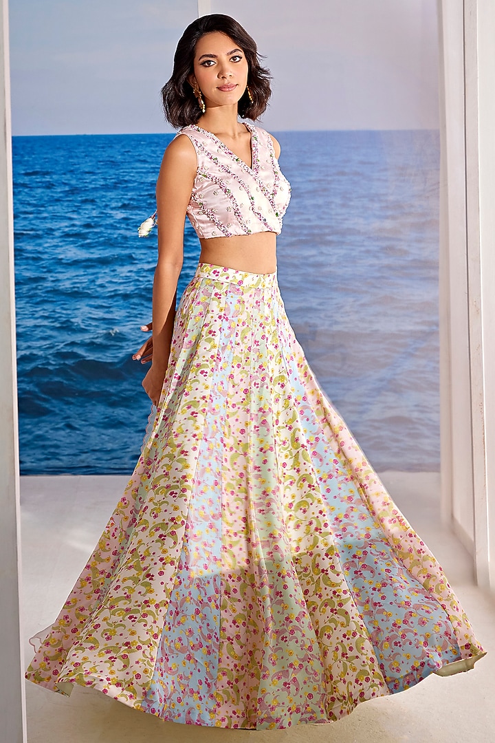Multi-Colored Satin Georgette Digital Printed Wedding Lehenga Set by TARINI VIJ at Pernia's Pop Up Shop