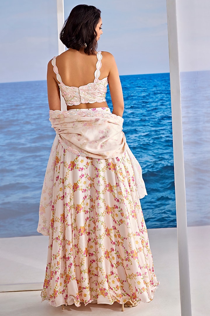 White Satin Georgette Digital Printed Wedding Lehenga Set by TARINI VIJ at Pernia's Pop Up Shop