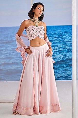 Blush Pink Organza & Satin Georgette Hand Embroidered Lehenga Set by TARINI VIJ