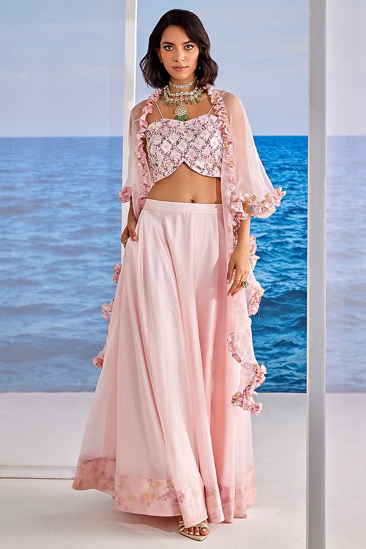 Blush Pink Organza & Satin Georgette Hand Embroidered Wedding Lehenga Set by TARINI VIJ at Pernia's Pop Up Shop