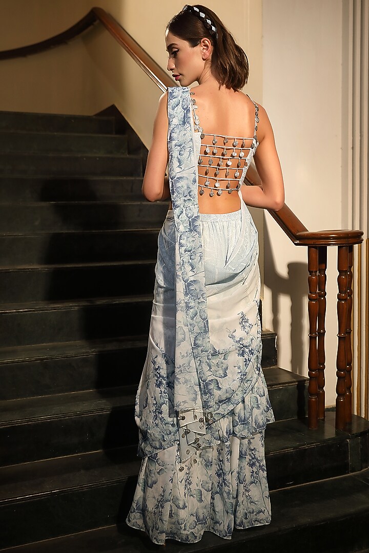 Light Blue Georgette Digital Printed Sharara Pant Party Wear Saree Set
 by TARINI VIJ at Pernia's Pop Up Shop