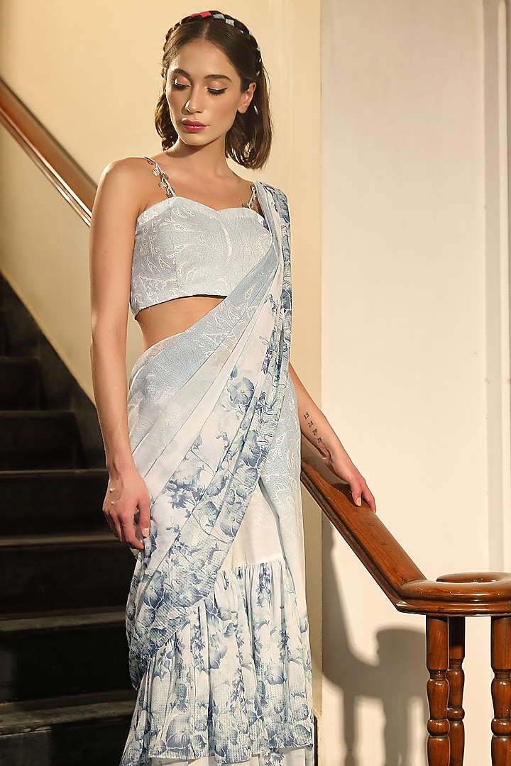 Light Blue Georgette Digital Printed Sharara Pant Party Wear Saree Set
 by TARINI VIJ at Pernia's Pop Up Shop