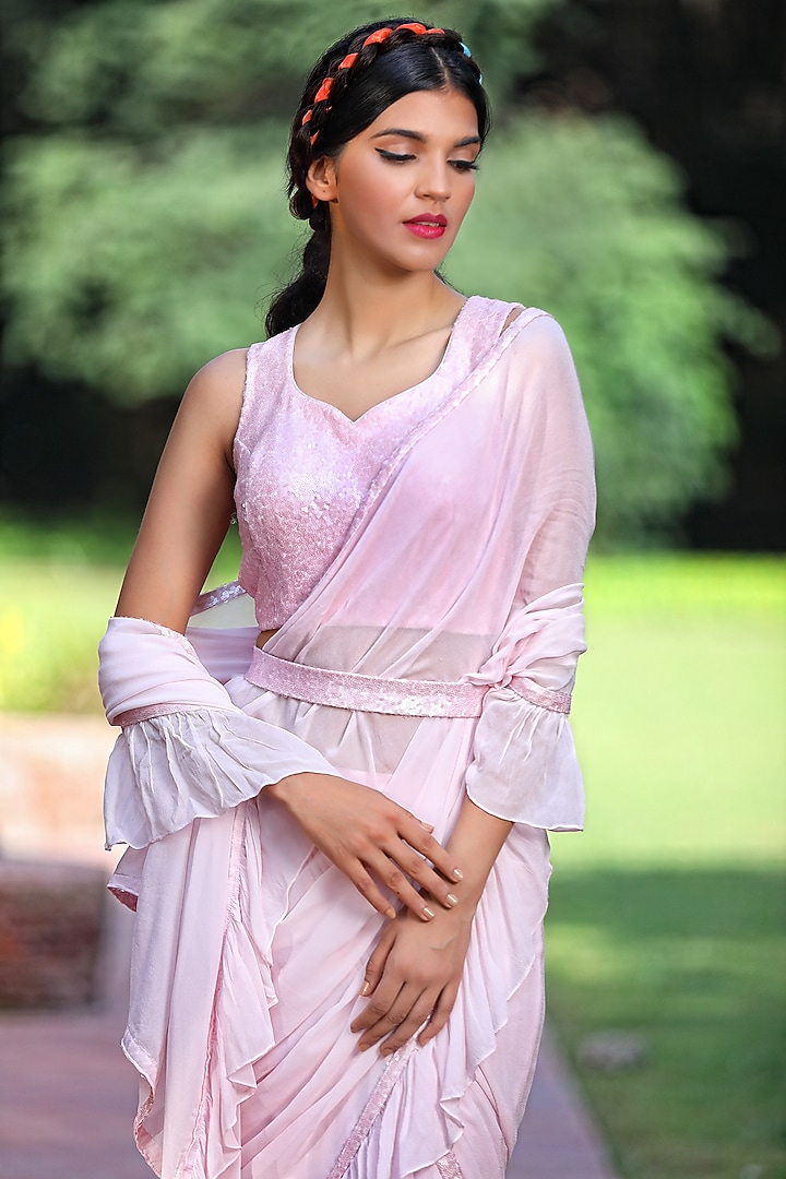 Blush Pink Georgette Pre-Stitched Party Wear Saree Set by TARINI VIJ at Pernia's Pop Up Shop
