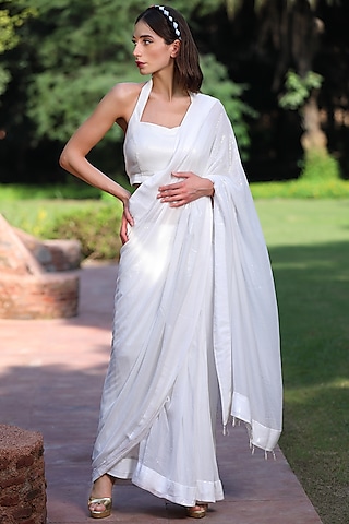 White Pre-Pleated Shimmer Saree Set by TARINI VIJ