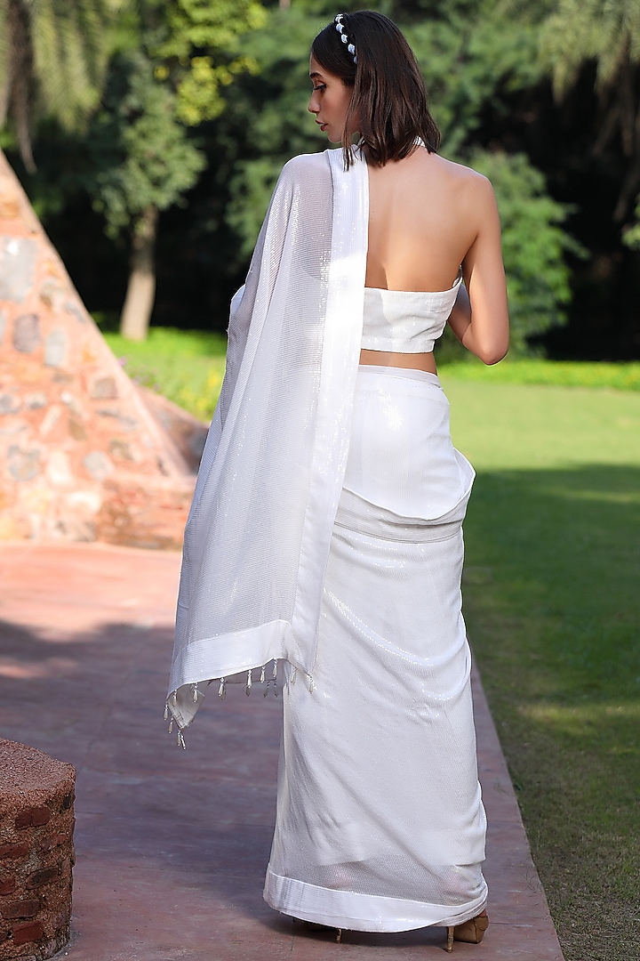 White Pre-Pleated Shimmer Party Wear Saree Set by TARINI VIJ at Pernia's Pop Up Shop