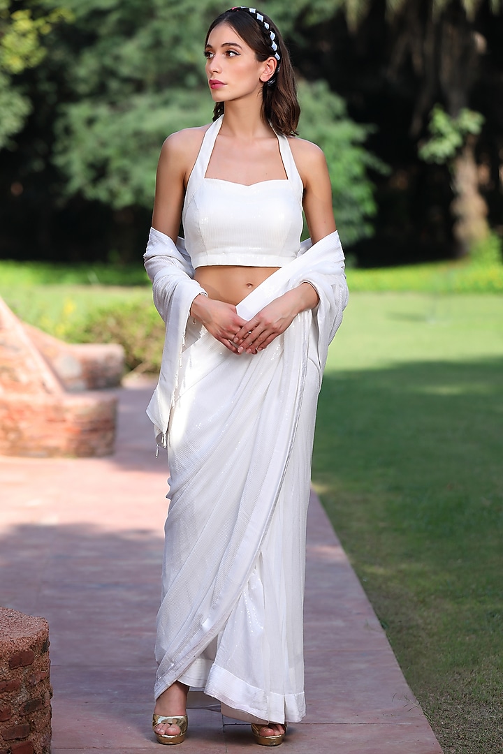 White Pre-Pleated Shimmer Party Wear Saree Set by TARINI VIJ at Pernia's Pop Up Shop