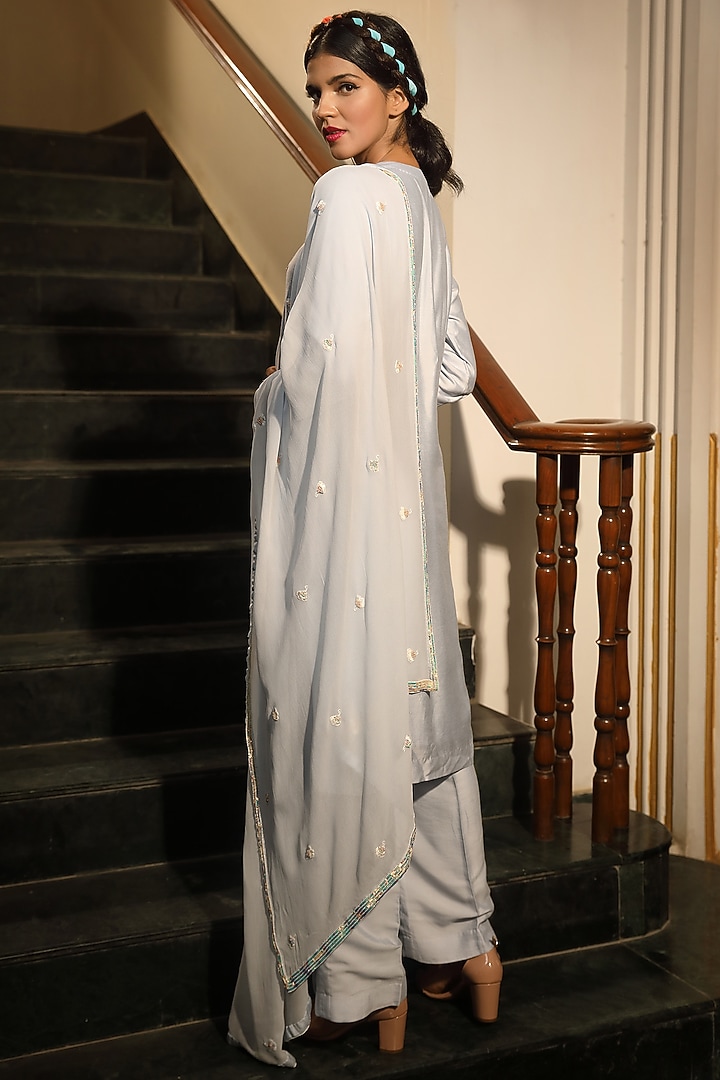Ice Blue Hand Embroidered Kurta Set by TARINI VIJ at Pernia's Pop Up Shop