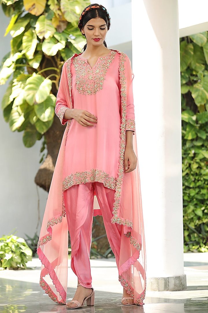 Pink Hand Embroidered Cape Set by TARINI VIJ