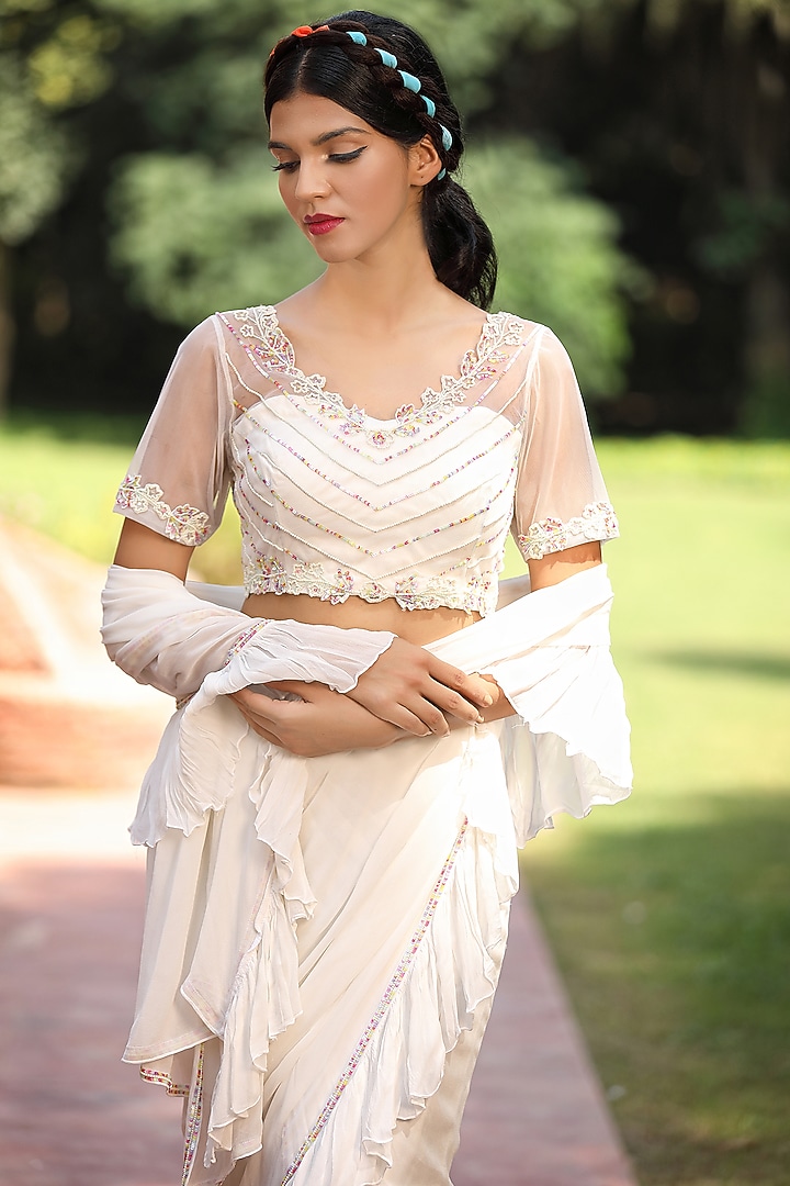 White Georgette Pre-Stitched Ruffled Skirt Party Wear Saree Set by TARINI VIJ at Pernia's Pop Up Shop