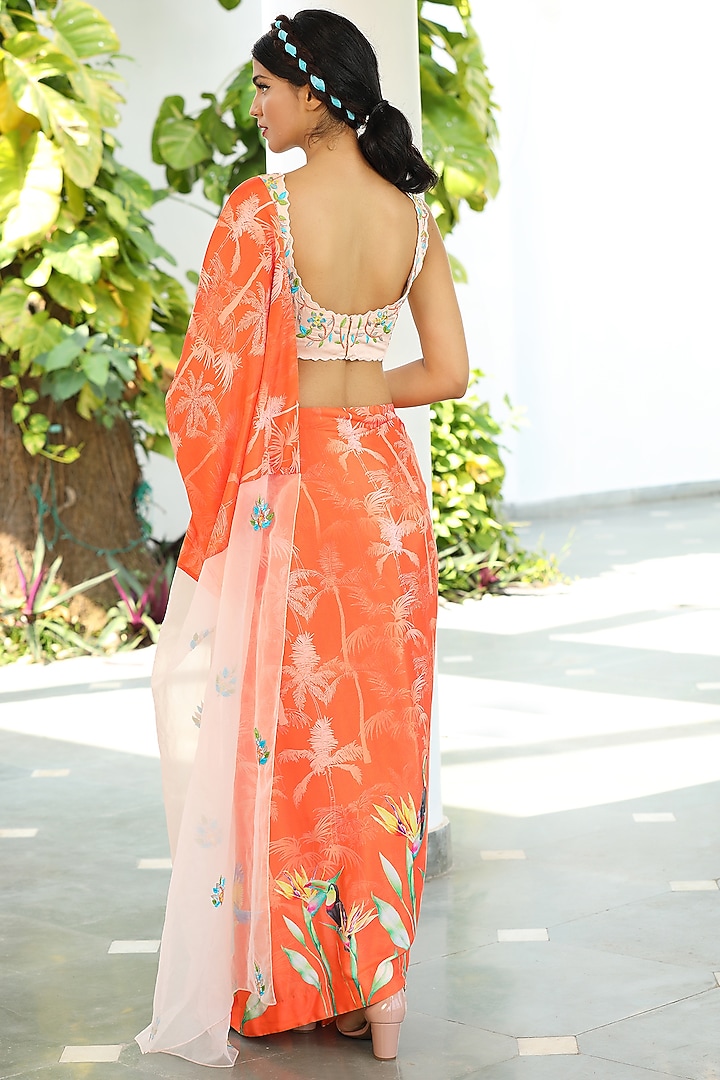 Orange Digital Printed Concept Wedding Saree Set by TARINI VIJ at Pernia's Pop Up Shop