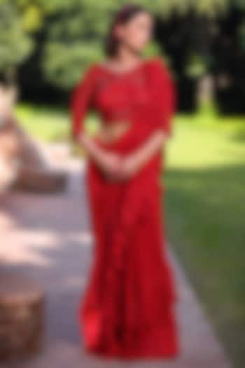 Red Textured Chiffon Ruffled Pleated Saree Set by TARINI VIJ