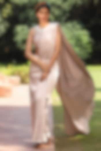 Rose Gold Lycra Satin Pre-Stitched Wedding Saree Set by TARINI VIJ at Pernia's Pop Up Shop