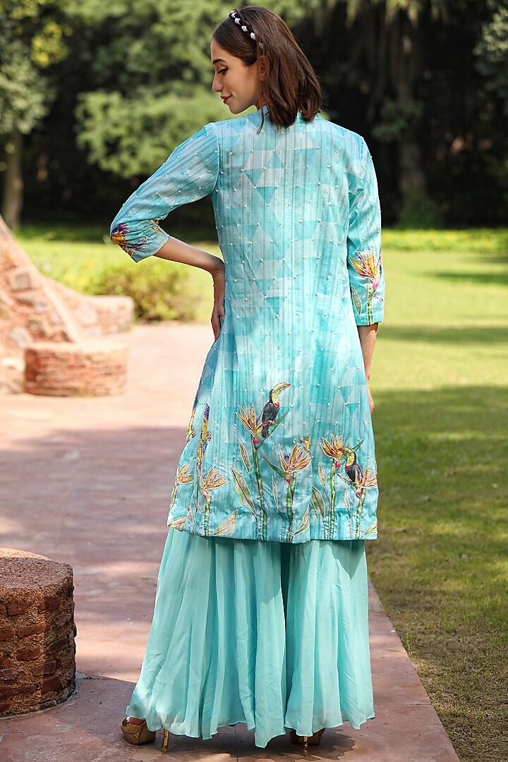 Powder Blue Printed Jacket Set by TARINI VIJ at Pernia's Pop Up Shop