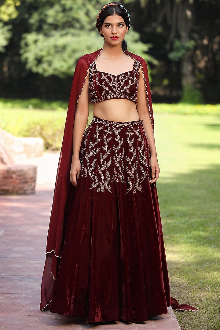 Maroon Embroidered Lehenga Set by TARINI VIJ