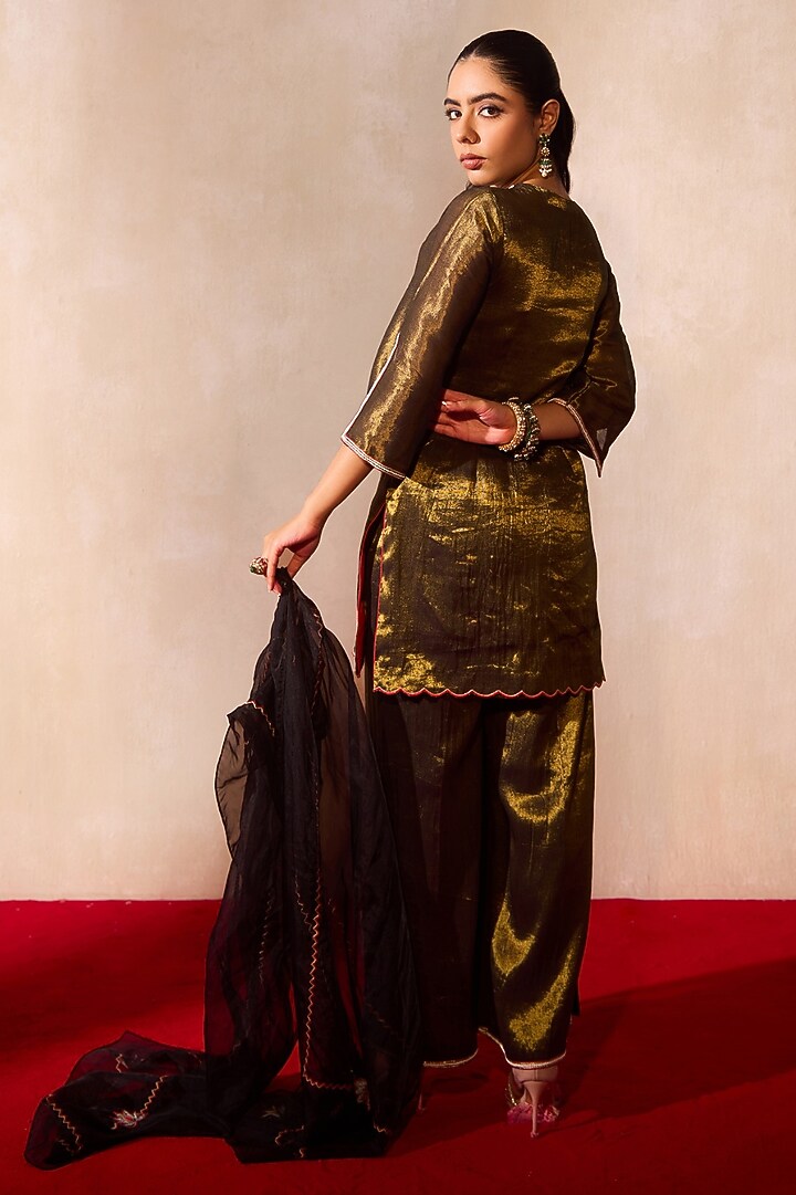Bronze Tissue Bead & Pearl Embroidered Kurta Set by TARINI VIJ at Pernia's Pop Up Shop