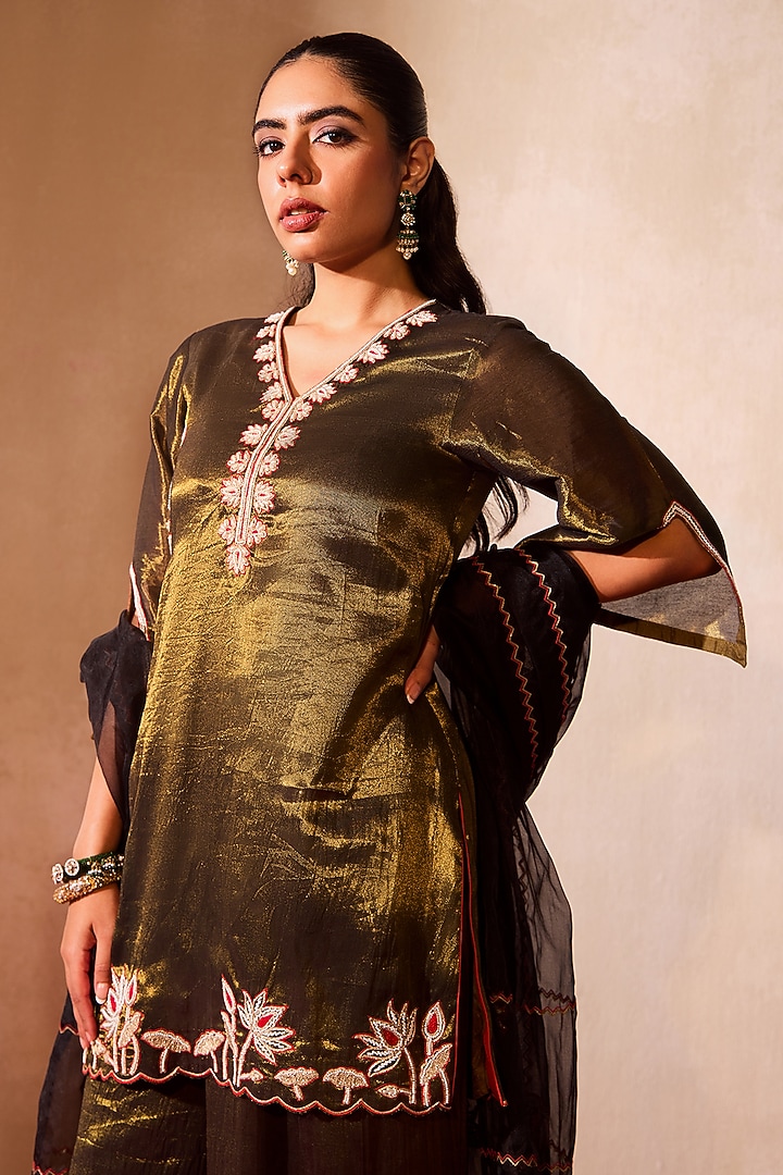 Bronze Tissue Bead & Pearl Embroidered Kurta Set by TARINI VIJ at Pernia's Pop Up Shop