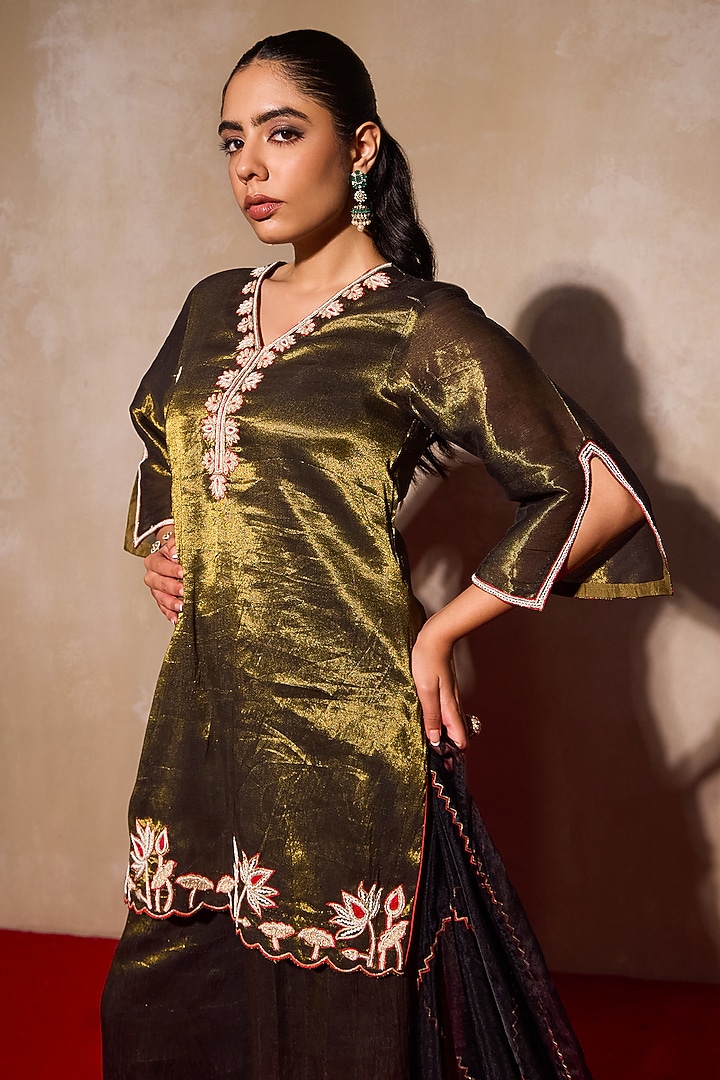 Bronze Tissue Bead & Pearl Embroidered Kurta Set by TARINI VIJ at Pernia's Pop Up Shop