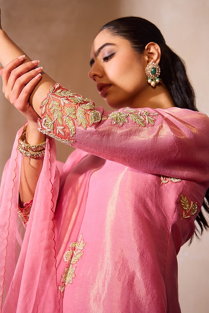 Pink Tissue Embroidered A-Line Kurta Set by TARINI VIJ at Pernia's Pop Up Shop