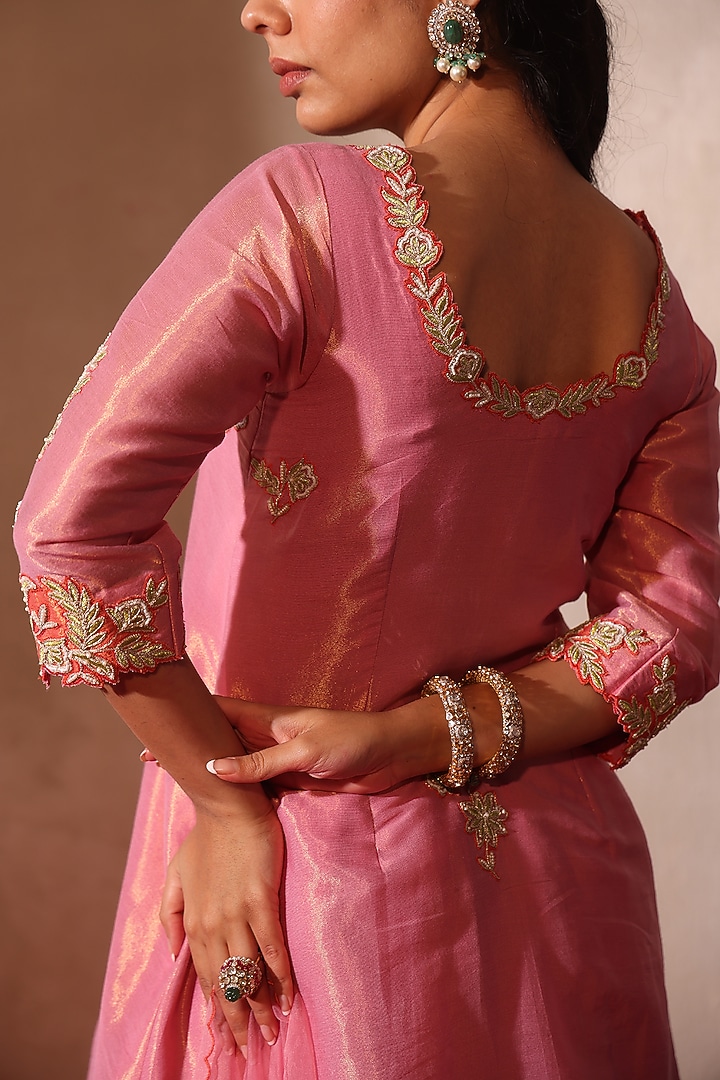 Pink Tissue Embroidered A-Line Kurta Set by TARINI VIJ at Pernia's Pop Up Shop