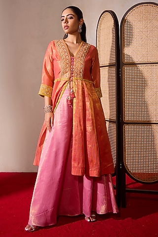Orange Tissue Embroidered Jacket Set by TARINI VIJ