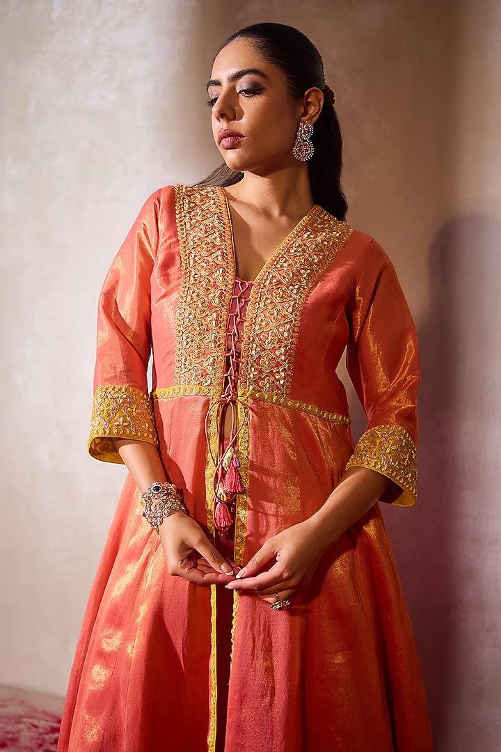 Orange Tissue Embroidered Jacket Set by TARINI VIJ at Pernia's Pop Up Shop