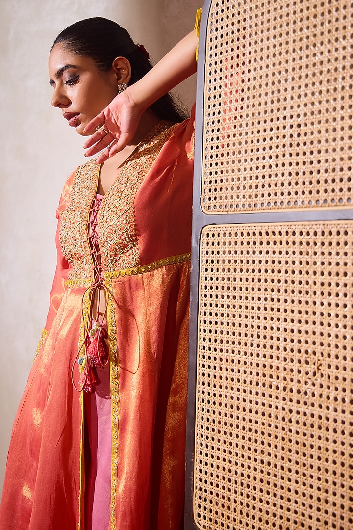 Orange Tissue Embroidered Jacket Set by TARINI VIJ at Pernia's Pop Up Shop