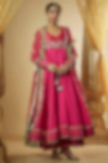 Pink Chanderi Silk Resham Hand Embroidered Flared Anarkali Set by The Aarya