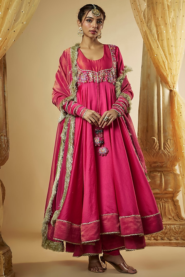 Pink Chanderi Silk Resham Hand Embroidered Flared Anarkali Set by The Aarya at Pernia's Pop Up Shop