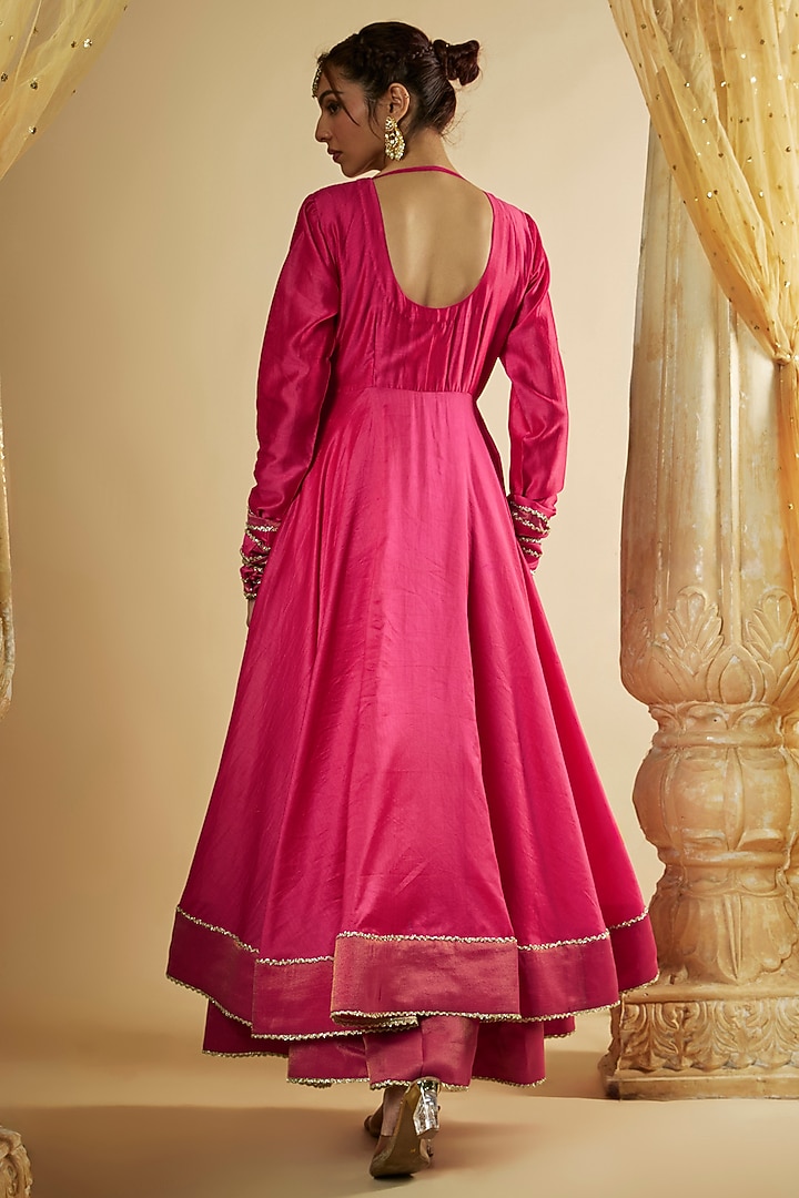 Pink Chanderi Silk Resham Hand Embroidered Flared Wedding Anarkali Set by The Aarya at Pernia's Pop Up Shop