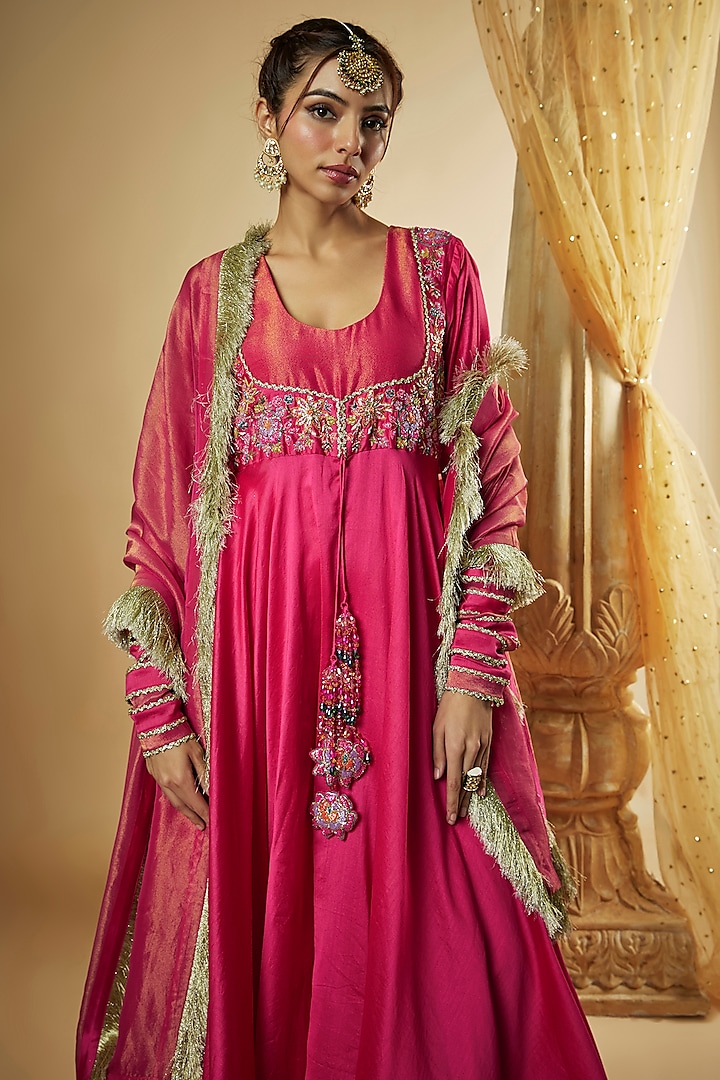 Pink Chanderi Silk Resham Hand Embroidered Flared Wedding Anarkali Set by The Aarya at Pernia's Pop Up Shop