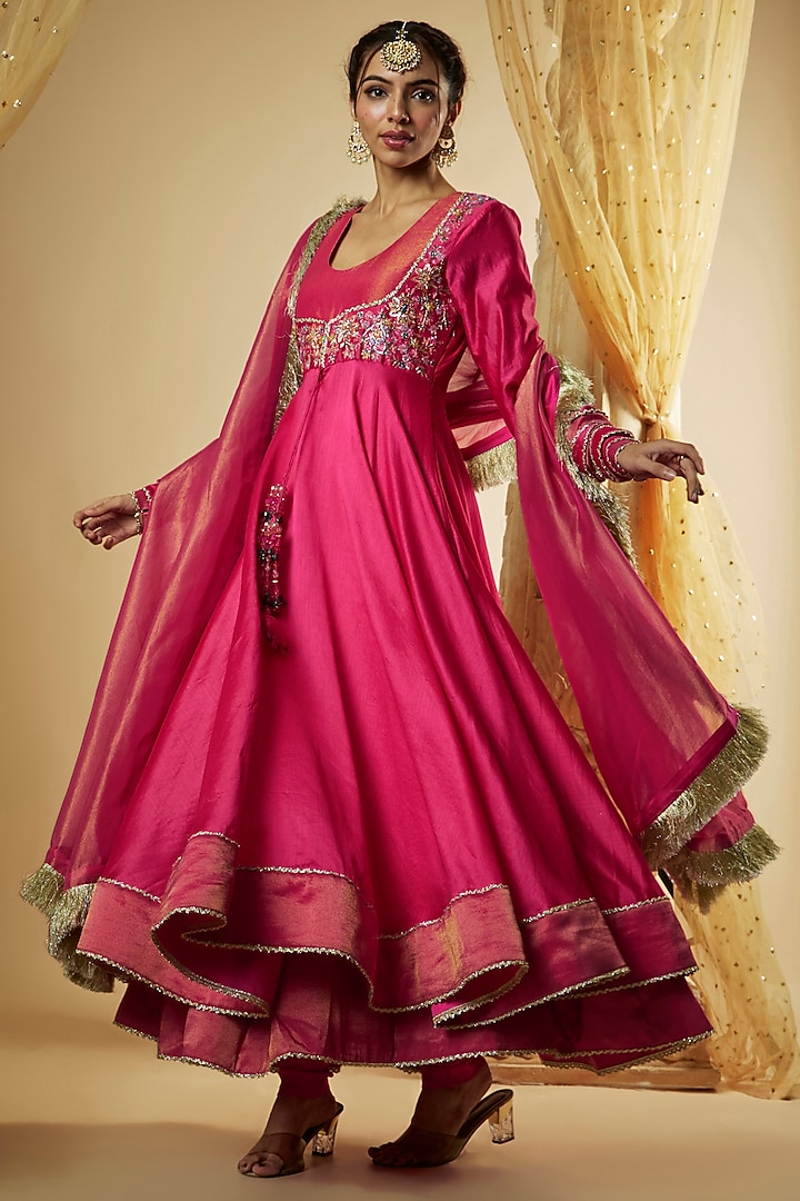Pink Chanderi Silk Resham Hand Embroidered Flared Wedding Anarkali Set by The Aarya at Pernia's Pop Up Shop