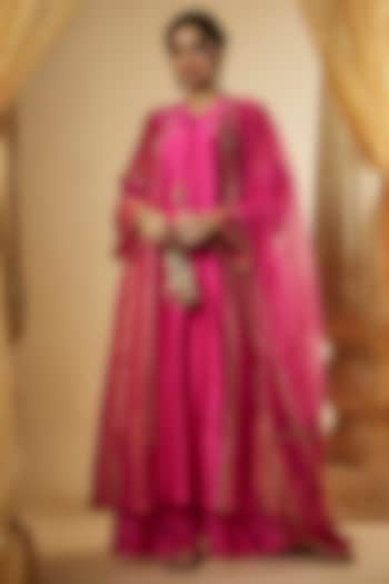 Pink Chanderi Silk & Zari Organza Paneled Anarkali Set by The Aarya