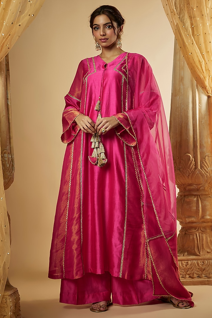 Pink Chanderi Silk & Zari Organza Paneled Anarkali Set by The Aarya at Pernia's Pop Up Shop