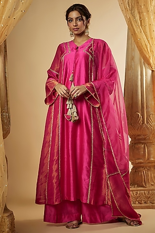 Pink Chanderi Silk & Zari Organza Paneled Anarkali Set by The Aarya