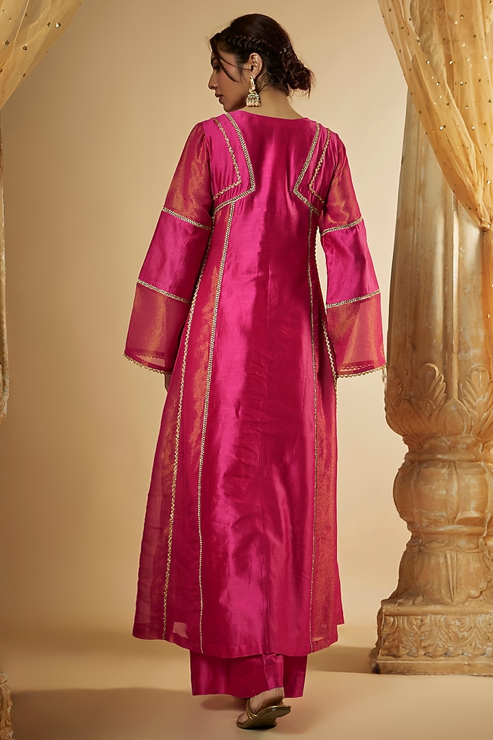 Pink Chanderi Silk & Zari Organza Paneled Party Wear Anarkali Set by The Aarya at Pernia's Pop Up Shop