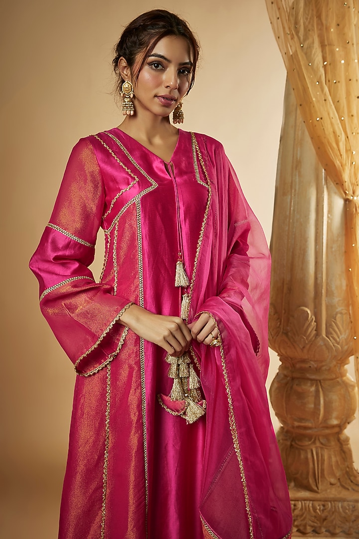 Pink Chanderi Silk & Zari Organza Paneled Party Wear Anarkali Set by The Aarya at Pernia's Pop Up Shop