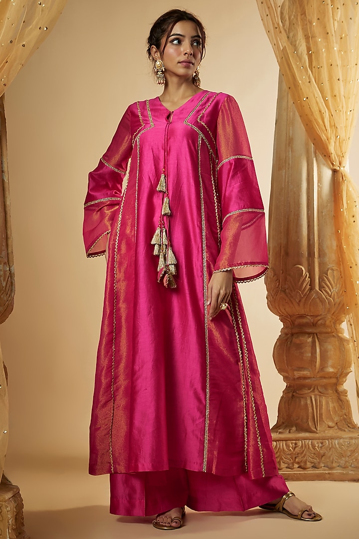 Pink Chanderi Silk & Zari Organza Paneled Party Wear Anarkali Set by The Aarya at Pernia's Pop Up Shop
