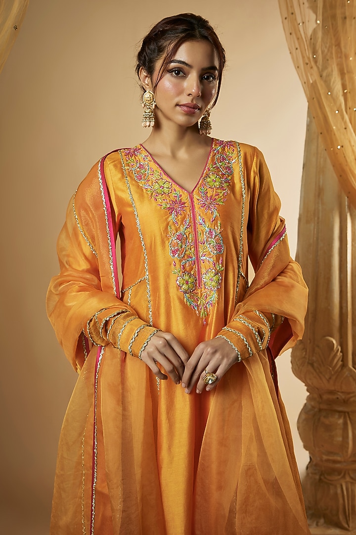 Light Orange Chanderi Silk Resham Hand Embroidered Party Wear Anarkali Set by The Aarya at Pernia's Pop Up Shop