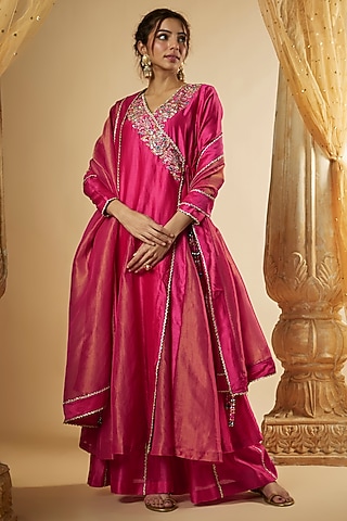 Pink Chanderi Silk Hand Embroidered Angrakha Kalidar Anarkali Set by The Aarya