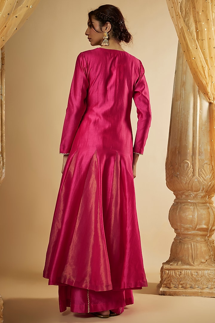 Pink Chanderi Silk Hand Embroidered Angrakha Kalidar Wedding Anarkali Set by The Aarya at Pernia's Pop Up Shop