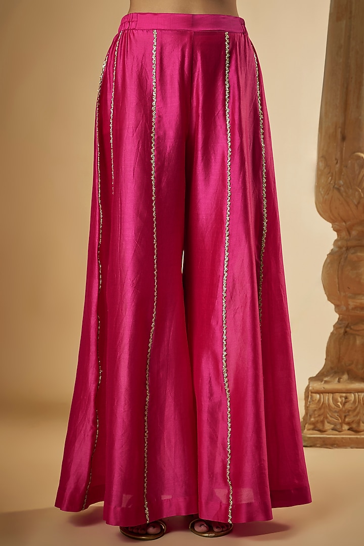 Pink Chanderi Silk Hand Embroidered Angrakha Kalidar Wedding Anarkali Set by The Aarya at Pernia's Pop Up Shop