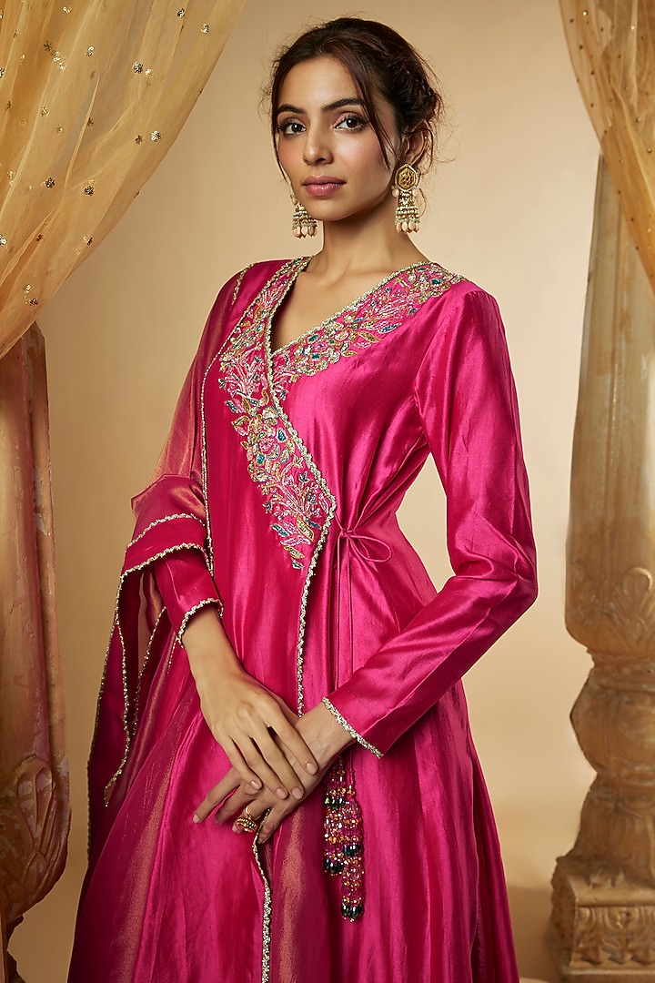 Pink Chanderi Silk Hand Embroidered Angrakha Kalidar Wedding Anarkali Set by The Aarya at Pernia's Pop Up Shop