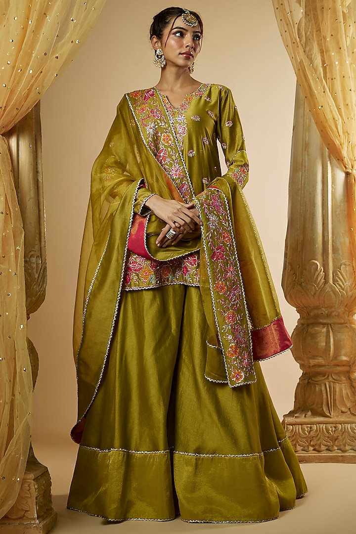 Olive Green Chanderi Silk Flared Wedding Sharara Set by The Aarya at Pernia's Pop Up Shop