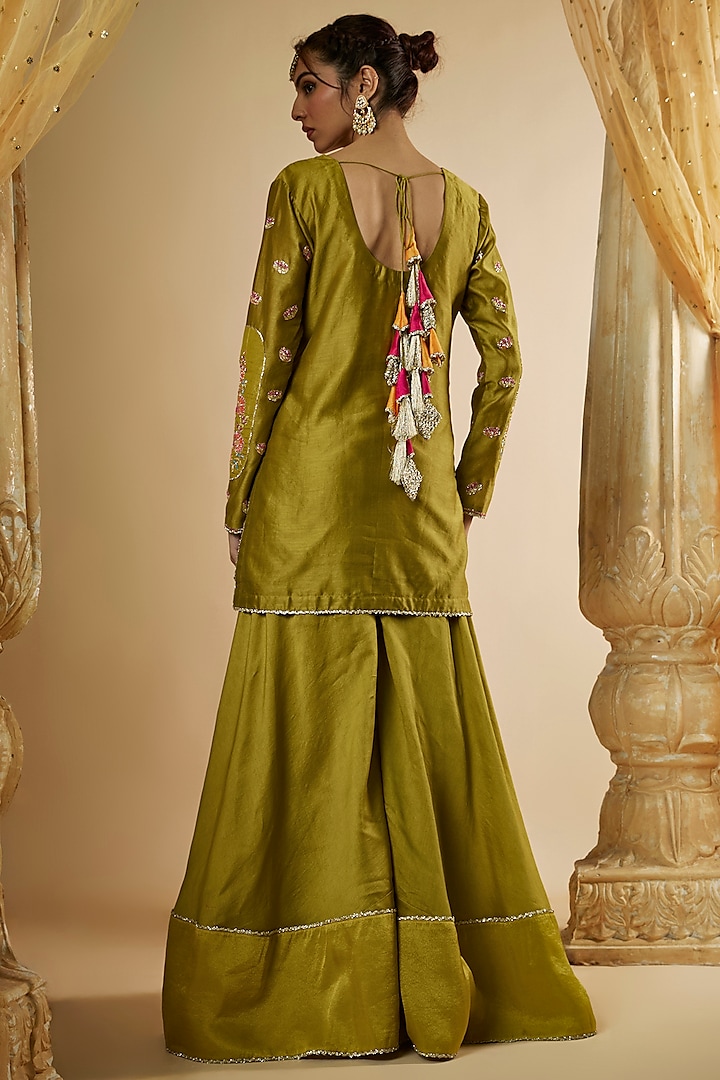 Olive Green Chanderi Silk Flared Wedding Sharara Set by The Aarya at Pernia's Pop Up Shop