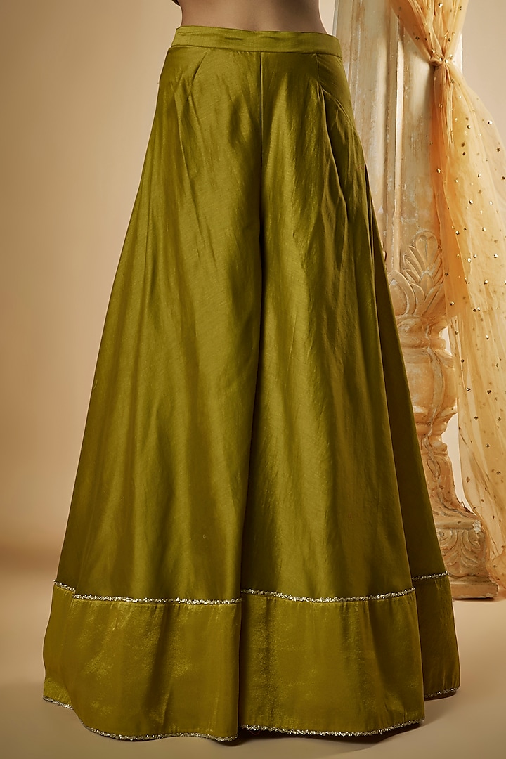 Olive Green Chanderi Silk Flared Wedding Sharara Set by The Aarya at Pernia's Pop Up Shop